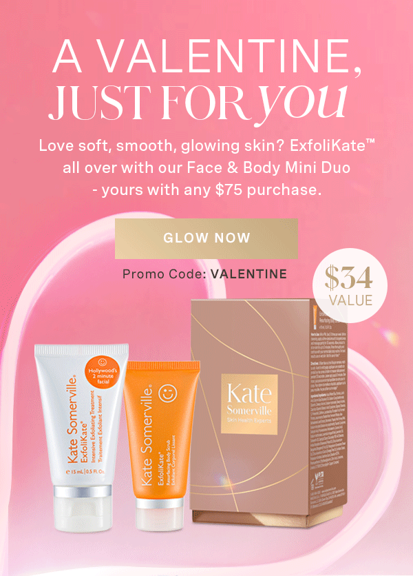 A valentine just for you. love soft, smooth, glowing skin? Exfolikate all over with our face & body mini duo - yours with any $75 purchase. Promo Code: VALENTINE . $34 value